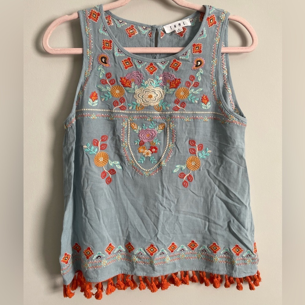 Boutique Brand THML Boho Embroidered Tassel Sleeveless Top